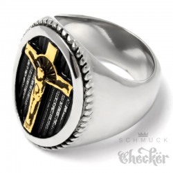 Silberner Ring mit goldenem Kreuz und Jesus aus massivem Edelstahl Herren Geschenk