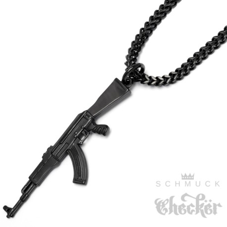 Schwarzer AK-47 Anhänger & Halskette aus Edelstahl Kalaschnikow Gangster Schmuck