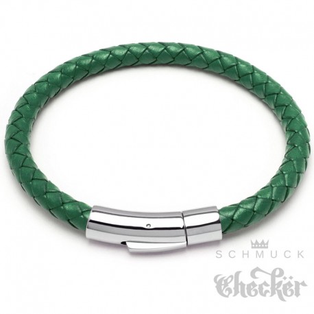 Grünes Armband aus echtem Leder mit Edelstahl Verschluss geflochten 6mmØ