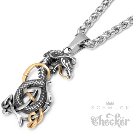 Verzierter Drachen-Anhänger aus Edelstahl mit keltischem Knoten Wikinger Halskette