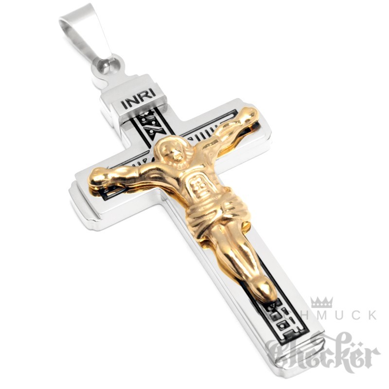 Kreuz-Anhänger silber gold & Edelstahl Herren Geschenk aus Jesus mit Kette Kreuz