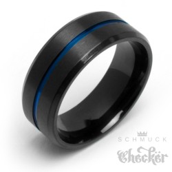 Schwarzer Männer-Ring mit blauem Streifen aus massivem Edelstahl Herren Geschenk
