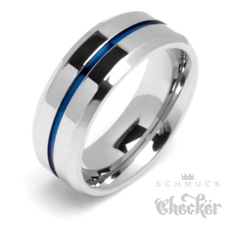 Männer-Ring silber blau poliert mit Streifen aus massivem Edelstahl Herren Geschenk