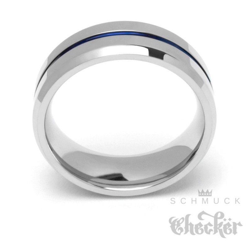 Männer-Ring silber poliert mit blauem Streifen Herren Geschenkidee
