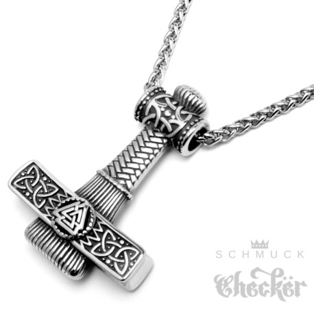 Mjölnir mit Valknut und weiteren nordischen Verzierungen Wikinger Anhänger mit Kette