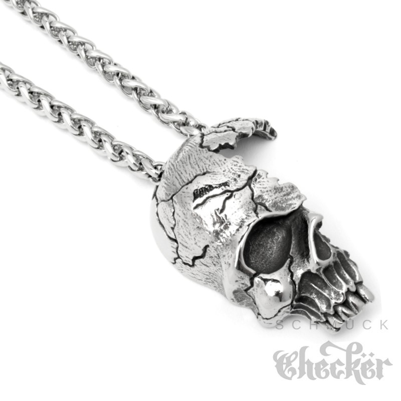Gebrochener Half Skull aus 316L Edelstahl mit passender Halskette
