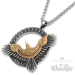 Verziertes Vogel-Amulett silber & gold aus Edelstahl Wikingerschmuck Kettenanhänger