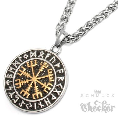 Goldener Runen-Kompass Vegvisir aus Edelstahl mit Aegishjalmur auf Rückseite + Kette