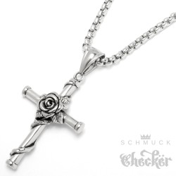 Rosen-Kreuz aus Edelstahl mit passender Halskette Kreuz-Anhänger mit Rose verziert
