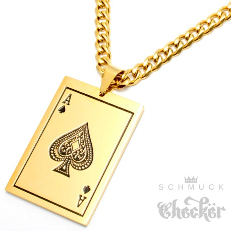 Goldener Pik Ass Anhänger mit Halskette Poker Karte Glücksbringer Ace of Spades