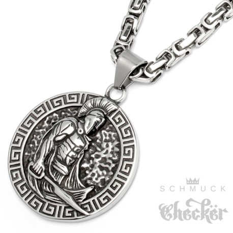 Silber Medaillon mit antikem Krieger Gladiator Troja Spartaner Edelstahl Halskette