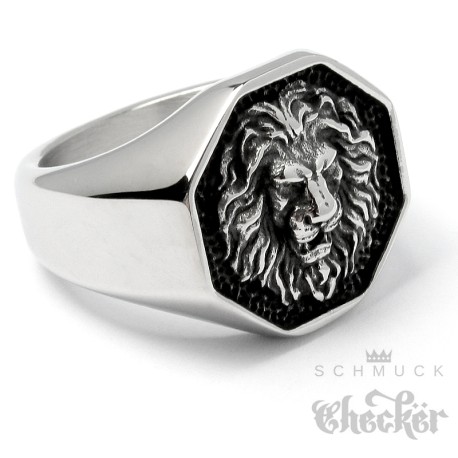 Ring mit Löwe aus Edelstahl silber hochwertig Löwenkopf Bikerring Herrenring Lion