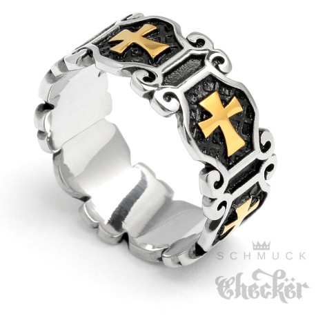 Verzierter Kreuz-Ring mit goldenen Kreuzen 316L Edelstahl Männerschmuck Bandring