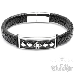 Echt Leder Herren Armband schwarz Edelstahl Poker Symbole Zocker Biker Rocker