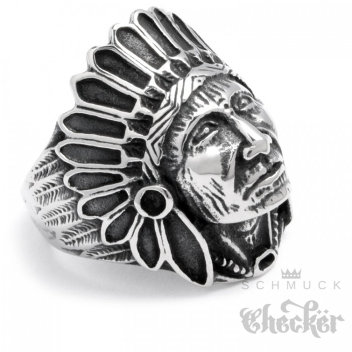 Edelstahl Ring großer Indianer Häuptling Apachen Federschmuck detailliert Silber