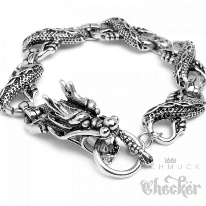 Lederarmband Drachen schwarz Drachenkopf Biker leather bracelet dragon 21,5 cm
