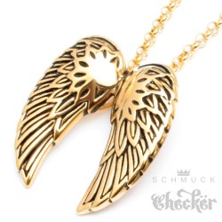 Hochwertiger Edelstahl Anhänger gold zwei Flügel Engel Wings + Halskette