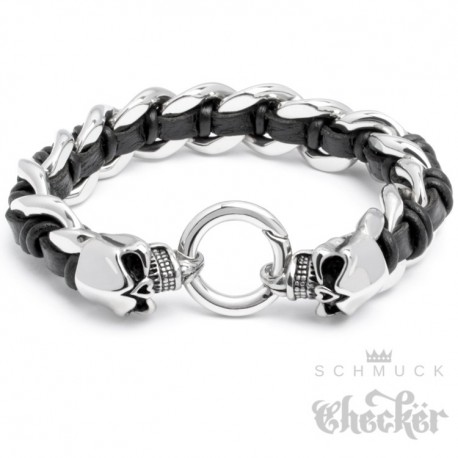 Echte Lederarmband Herren Edelstahl Armband Armkette Schmuck Silber&Schwarz 22cm 