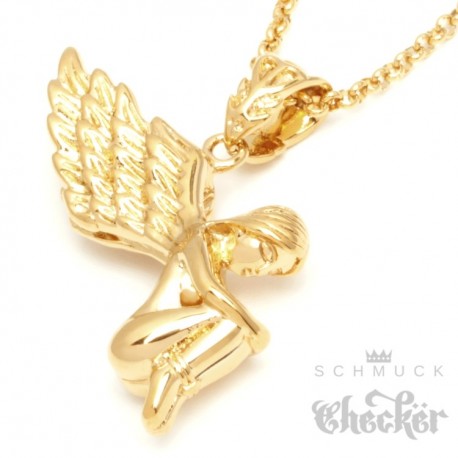 Hochwertiger nackter Engel Anhänger Edelstahl Flügel 55cm Kordelkette Halskette 