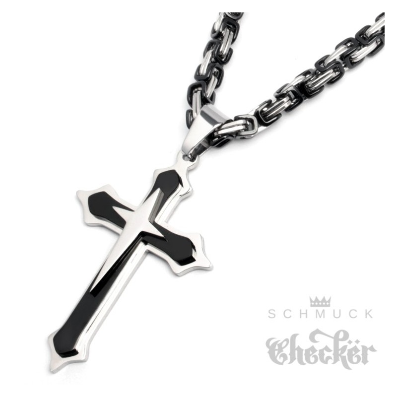 Herren Edelstahl Halskette Kreuz Anhänger silber schwarz + 60cm Königskette  für Männer