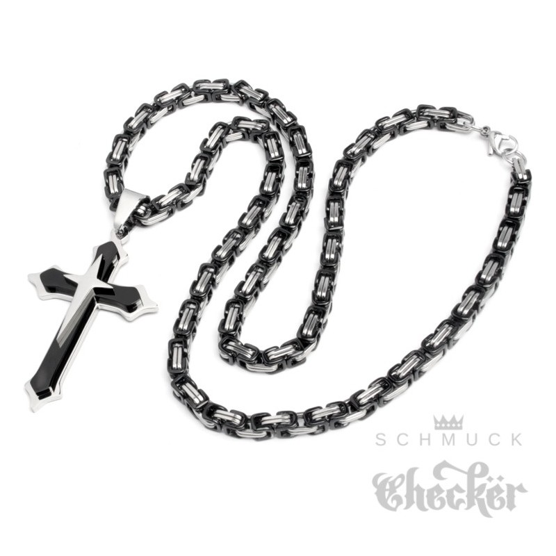 Herren Edelstahl Halskette Kreuz Anhänger silber schwarz + 60cm Königskette  für Männer