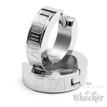 Edelstahl Herren Ohrringe Klapp-Creolen silber schmal Römische Zahlen 13mm Ø