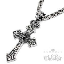 Edelstahl Kreuz Anhänger + Königskette Löwe Krone silber Halskette Bikerschmuck