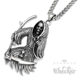 XL Edelstahl Sensenmann Anhänger + Panzerkette silber Tot Bikerschmuck Halskette Samcro