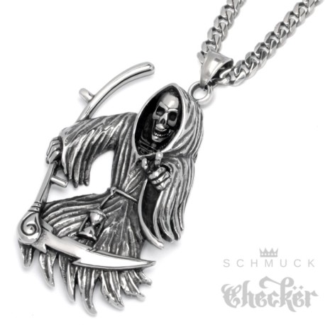 XL Edelstahl Sensenmann Anhänger + Panzerkette silber Tot Bikerschmuck Halskette Samcro