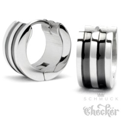 Edelstahl Herren Ohrringe Klapp-Creolen silber schwarz poliert streifen 13mm Ø