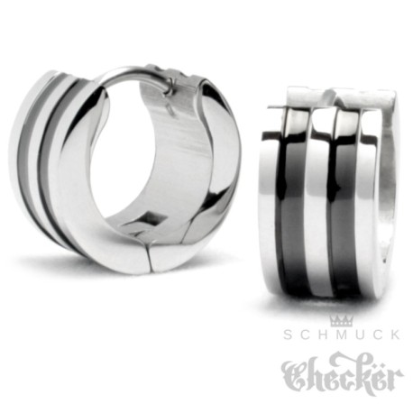 Edelstahl Herren Ohrringe Klapp-Creolen silber schwarz poliert streifen 13mm Ø