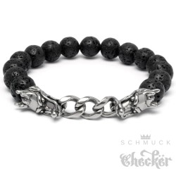 Perlen Bead Armband Lavastein schwarz silber Drache Männer Panzerarmband Bikerschmuck