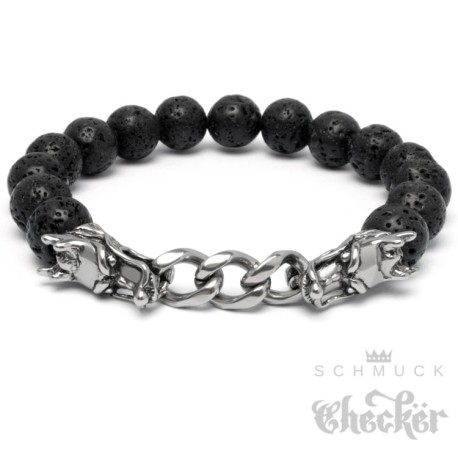 Perlen Bead Armband Lavastein schwarz silber Drache Männer Panzerarmband Bikerschmuck