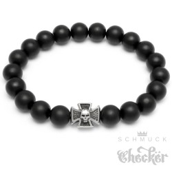 Männerarmband Onyx Perlen schwarz matt Edelstahl Eisernes Kreuz Totenkopf Biker