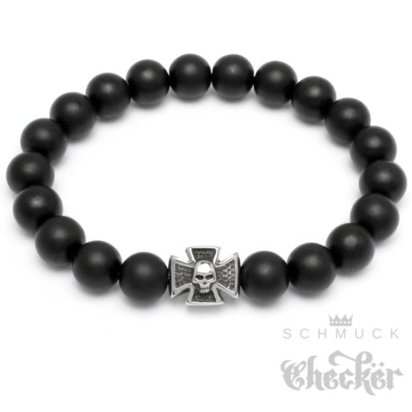 Männerarmband Onyx Perlen schwarz matt Edelstahl Eisernes Kreuz Totenkopf Biker