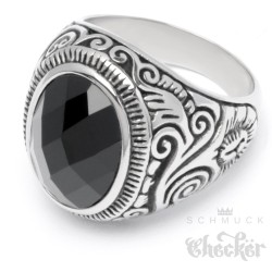 Großer Edelstahl Herren Ring Onyx Stein oval verziert muster silber schwarz