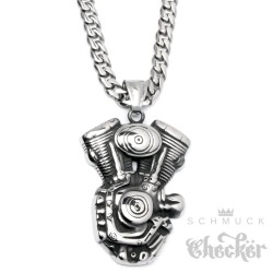 Edelstahl Anhänger V2 Motorblock Motor Engine silber Bikerschmuck Panzerkette Kette