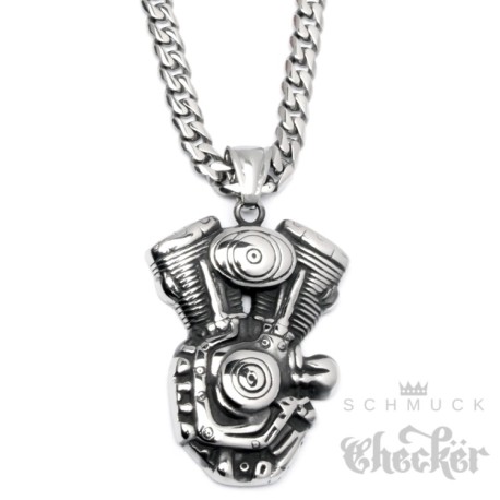 Edelstahl Anhänger V2 Motorblock Motor Engine silber Bikerschmuck Panzerkette Kette