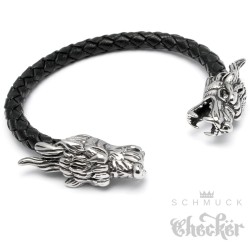 Hochwertiger Herren Armreif Wolf echt Leder geflochten Edelstahl Armband Bikerschmuck
