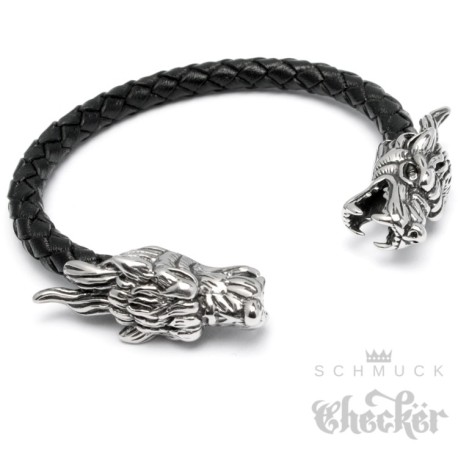 Hochwertiger Herren Armreif Wolf echt Leder geflochten Edelstahl Armband Bikerschmuck