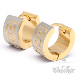 Edelstahl Herren Ohrringe Klapp-Creolen Silber Gold Gebürstet Mäander Gravur NEU