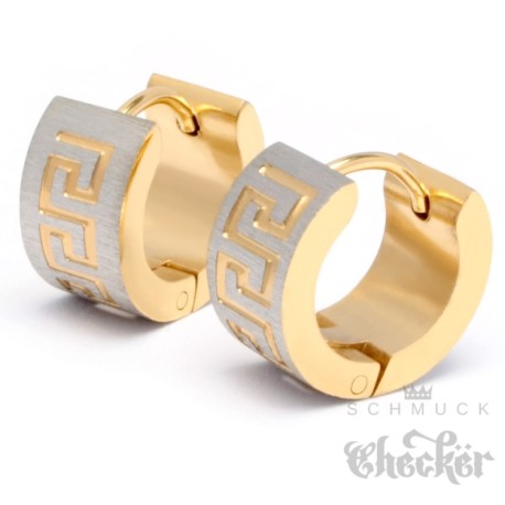 Edelstahl Herren Ohrringe Klapp-Creolen Silber Gold Gebürstet Mäander Gravur NEU