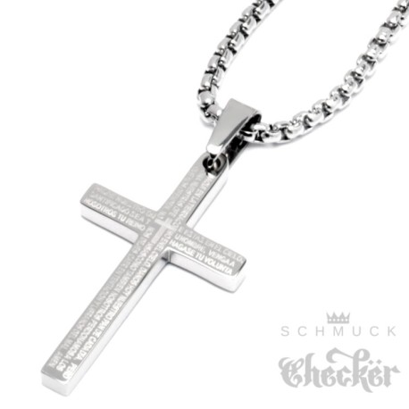 Edelstahl Damen Herren Anhänger kleines Kreuz mit heiligem Text schlicht + Kette