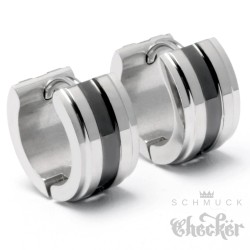 Herren Ohrringe silber mit schwarzem Streifen Edelstahl Klapp-Creolen poliert 13mm Ø