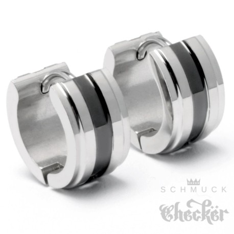 Herren Ohrringe silber mit schwarzem Streifen Edelstahl Klapp-Creolen poliert 13mm Ø