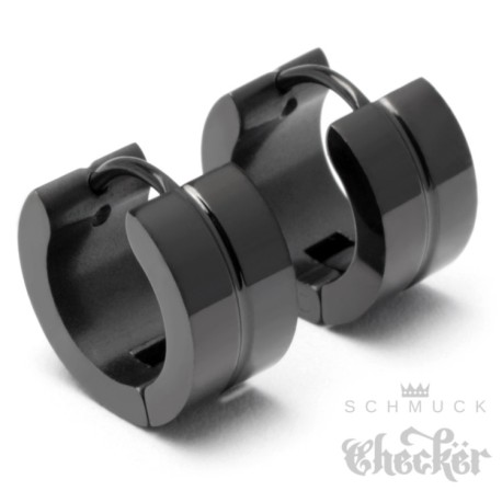 Schwarze herren Ohrringe aus Edelstahl Klapp-Creolen mit Streifen poliert 13mm Ø