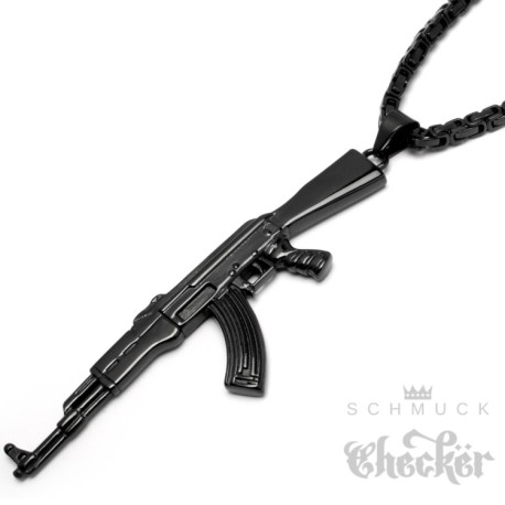 Schwarzer AK-47 Anhänger aus Edelstahl mit 60cm Königskette XL Kalaschnikow Gewehr