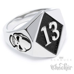 Lucky 13 Ring aus Edelstahl silber Glückszahl Glück Pech Totenkopf Bikerring