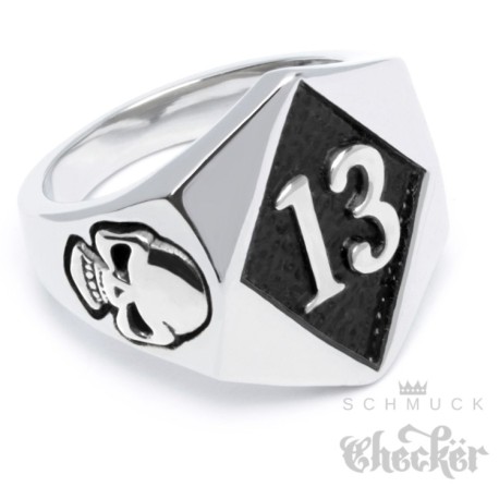 Lucky 13 Ring aus Edelstahl silber Glückszahl Glück Pech Totenkopf Bikerring
