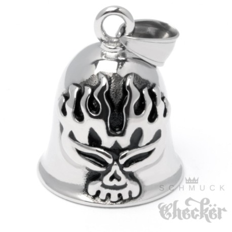 Bikerbell aus Edelstahl mit Flammen-Totenkopf Motorrad-Glocke Glöckchen Skull Schädel